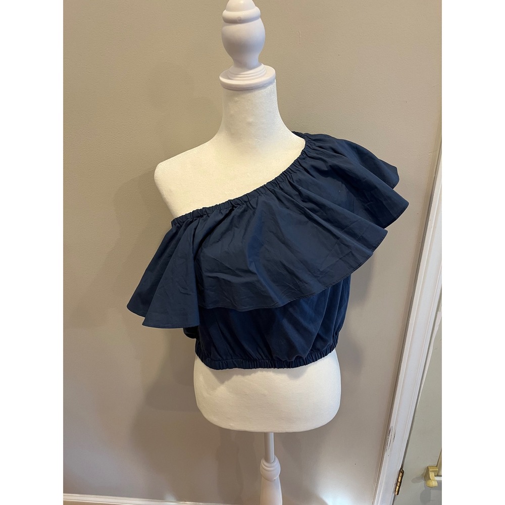 A New Day Womens Navy Blue One Shoulder Ruffle Crop Top Size XS Cotton Blend